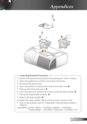 Page 49
49English

Appendices

5
1
2
34

Lamp Replacement Procedure:
1.  Switch off the power to the projector by pressing the “Power” button.
2.  Allow the projector to cool down for at least 30 minutes.
3.  Disconnect the power cord.
4.  Use a screwdriver to unscrew the 2 screws from the cover. 
5.  Push up and remove the cover. 
6.  Use a screwdriver to unscrew the 2 screws from the lamp module. 
7.  Pull up the lamp handle carefully. 
8.  Remove the lamp module. 
To replace the lamp module, follow...