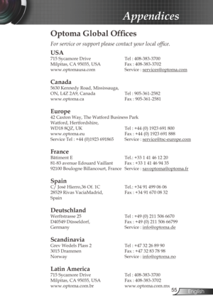 Page 55
55English

Appendices

Optoma Global Offices
For	service	or	support	please	contact	your	local	office.
USA
715 Sycamore Drive  Tel : 408-383-3700
Milpitas, CA 95035, USA   Fax : 408-383-3702 
www.optomausa.com  Service : 
services@optoma.com
Canada
5630 Kennedy Road, Mississauga, 
ON, L4Z 2A9, Canada  Tel : 905-361-2582
www.optoma.ca  Fax : 905-361-2581
 
Europe
42 Caxton Way, The Watford Business Park 
Watford, Hertfordshire,  
WD18 8QZ, UK Tel : +44 (0) 1923 691 800
www.optoma.eu   Fax : +44 (0) 1923...