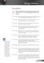 Page 3
3English

Usage Notice

	When the lamp reaches the end of its life, the projector will not turn back on until the lamp module has 
been replaced. To replace the lamp, follow the procedures listed under “Replacing the Lamp” section 
on pages 48-49.
Precautions
 
Please follow all warnings, precautions and 
maintenance as recommended in this user’s 
guide.
▀■ Warning- Do not look into the projector’s lens when the lamp is on. The bright light may damage your eyes.
▀■ Warning- To reduce the risk of fire...