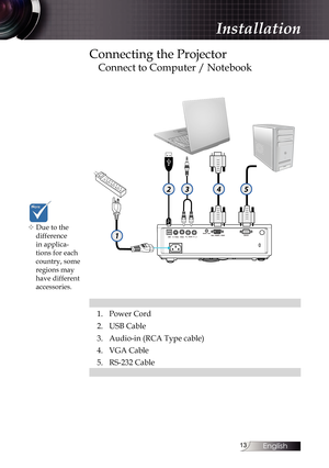 Page 13
English


1
5243

v Due to the 
difference 
in applica-
tions for each 
country, some 
regions may 
have different 
accessories.
Connecting the Projector
Connect to Computer / Notebook
1.Power Cord
2.USB Cable
3.Audio-in (RCA Type cable)
4.VGA Cable
5.RS-232 Cable
Installation 