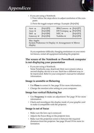 Page 46
English


4 If you are using a Notebook:
1. First, follow the steps above to adjust resolution of the com-
puter.
2. Press the toggle output settings. Example: [Fn]+[F4]
Acer �  [Fn]+[F5]
Asus�  [Fn]+[F8]
Dell � [Fn]+[F8]
Gateway�  [Fn]+[F4]
Mac Apple: 
System Preference � Display � Arrangement � Mirror 
display
IBM/Lenovo �[Fn]+[F7]
[Fn]+[F4]HP/Compaq 
NEC�
�
  [Fn]+[F3]
Toshiba �  [Fn]+[F5]
If you experience difficulty changing resolutions or your moni-
tor freezes, restart all equipment...