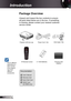 Page 6
6English

 Introduction

Power Cord .8m
IR Remote Control
	Package	Overview
Unpack	and	inspect	the	box	contents	to	ensure	
all	parts	listed	below	are	in	the	box.	If	something	
is	missing,	please	contact	your	nearest	customer	
service	center.
Documentation : 
	User’s Manual
	Warranty Card
	Quick Start Card
	WEEE Card  (for EMEA only)
	Due to different applications in each country, some regions may have different accessories.
2 × AAA Batteries
Projector with lens cap VGA Cable .8m
Carrying...