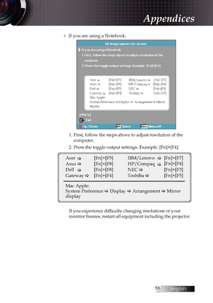 Page 53
English


4 If you are using a Notebook:
1. First, follow the steps above to adjust resolution of the  
computer.
2. Press the toggle output settings. Example: [Fn]+[F4]
Acer �  [Fn]+[F5]
Asus�  [Fn]+[F8]
Dell � [Fn]+[F8]
Gateway�  [Fn]+[F4]
Mac Apple: 
System Preference � Display � Arrangement � Mirror 
display
IBM/Lenovo �[Fn]+[F7]
[Fn]+[F4]HP/Compaq 
NEC�
�
  [Fn]+[F3]
Toshiba �  [Fn]+[F5]
If you experience difficulty changing resolutions or your  
monitor freezes, restart all equipment...