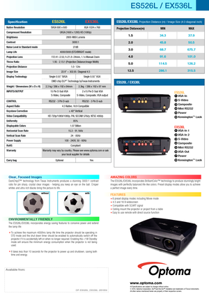 Page 2ES526L / EX536L
www.optoma.comAll Specifications are subject to change without notice.© 2010, Optoma Corporation. DLP®and the DLP® medallion are trademarks of Texas Instruments.
All other names mentioned herein are property of their respective owners\
.OP-ES526L_EX536L _
201004
Available from:
Specification                     ES526L  EX536L
Native Resolution
Compressed Resolution
Brightness
Contrast
Noise Level in Standard mode
Lamp Life
Projection Lens
Throw Ratio
Projection Distance 
Image Size...