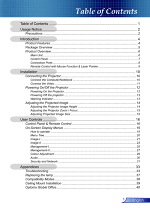 Page 1
1English
Table of Contents
Table of Contents .........................................................................................1
Usage Notice ................................................................................................2
Precautions ..........................................................................................................2
Introduction ..................................................................................................4
Product Features...