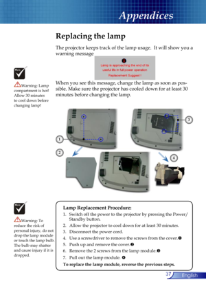 Page 37
37English

Appendices

Replacing the lamp
The projector keeps track of the lamp usage.  It will show you a 
warning message 
When you see this message, change the lamp as soon as pos-
sible. Make sure the projector has cooled down for at least 30 
minutes before changing the lamp. 
Warning: Lamp compartment is hot!  Allow 30 minutes to cool down before changing lamp!
Warning: To reduce the risk of personal injury, do not drop the lamp module or touch the lamp bulb. The bulb may shatter and cause injury...