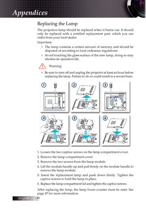 Page 60
English
0

Replacing the Lamp
The  projection  lamp  should  be  replaced  when  it  burns  out.  It  should 
only  be  replaced  with  a  certified  replacement  part,  which  you  can  
order from your local dealer.
Important:
4  The  lamp  contains  a  certain  amount  of  mercury  and  should  be 
disposed of according to local ordinance regulations.
4 Avoid touching the glass surface of the new lamp, doing so may 
shorten its operation life.
Warning:
4 Be sure to turn off and unplug the...