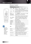 Page 22
English


Remote Control
Using the Remote Control
PowerRefer  to  the  “Power  On/Off  the 
Projector” section on page 15.
Laser
Aim  the  remote  at  the  viewing  screen, 
press  and  hold  this  button  to  activate 
the laser pointer.
Four 
Directional 
Select Keys
Use  ▲▼◄►  to  select  items  or  make 
adjustments to your selection.
PC / Mouse 
control
The PC/Mouse control can be used to 
control mouse movement. The mouse 
function is enabled using the USB  
cable to connect your...