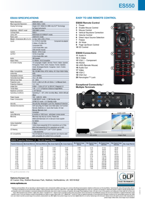 Page 2111213
16
1415
17181920
ES550 SPECIFICATIONS
Native Resolution  SVGA 800 x 600
Max Supported Resolution    UXGA (1600 x 1200)
Display Technology   Single 0.55” SVGA DC3 DMD chip DLP
® Technology  
by Texas Instruments
Brightness - BRIGHT mode
1   2800 ANSI Lumens
Contrast Ratio   5000:1
Lamp Life
2  6000/5000 (ECO/BRIGHT mode)
Noise Level   28dB (ECO mode)
Weight / Dimensions (W x D x H)  2.2 kg / 280 x 230 x 77mm
Inputs  2 x 15 Pin D-Sub VGA Component via adaptor  
S-Video 4 Pin Mini Din 
Composite RCA...