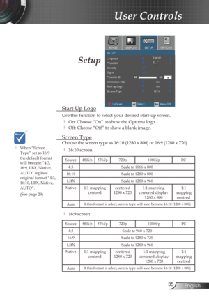 Page 35
35English

User Controls

Setup
 Start Up Logo
Use this function to select your desired start-up screen.
 On: Choose “On” to show the Optoma logo.
 Off: Choose “Off” to show a blank image.
  Screen Type
Choose the screen type as 16:10 (1280 x 800) or 16:9 (1280 x 720).
 16:10 screen
Source480i/p576i/p720p1080i/pPC
4:3Scale to 1066 x 800
16:10 Scale to 1280 x 800
LBXScale to 1280 x 960
Native1:1 mapping centredcentered 1280 x 720 1:1 mapping  centered display 1280 x 800 
1:1 mapping centred
AutoIf...