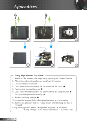Page 50
50English

Appendices

Lamp Replacement Procedure:
1.  Switch off the power to the projector by pressing the “Power” button.
2.  Allow the projector to cool down for at least 30 minutes.
3.  Disconnect the power cord.
4.  Use a screwdriver to unscrew the 2 screws from the cover. 
5.  Push up and remove the cover. 
6.  Use a screwdriver to unscrew the 2 screws from the lamp module. 
7.  Pull up the lamp handle carefully. 
8.  Remove the lamp module. 
To replace the lamp module, follow previous steps...