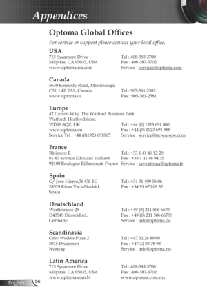 Page 56
56English

Appendices

Optoma Global Offices
For	service	or	support	please	contact	your	local	office.
USA
715 Sycamore Drive  Tel : 408-383-3700
Milpitas, CA 95035, USA   Fax : 408-383-3702 
www.optomausa.com  Service : 
services@optoma.com
Canada
5630 Kennedy Road, Mississauga, 
ON, L4Z 2A9, Canada  Tel : 905-361-2582
www.optoma.ca  Fax : 905-361-2581
 
Europe
42 Caxton Way, The Watford Business Park 
Watford, Hertfordshire,  
WD18 8QZ, UK Tel : +44 (0) 1923 691 800
www.optoma.eu   Fax : +44 (0) 1923...