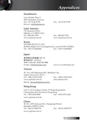 Page 55English
Appendices
Scandinavia
Grev Wedels Plass 2 
3015 Drammen, Norway
Tel : +47 32 26 89 90
   Fax : +47 32 83 78 98 
Service : info@optoma.no
Latin America
715 Sycamore Drive 
Milpitas, CA 95035, USA
Tel : 408-383-3700
      Fax : 408-383-3702
www.optoma.com.br    www.optoma.com.mx 
Korea
WOOMI TECH.CO.,LTD 
4F,Minu Bldg.3.tw3-14, Kangnam-Ku, seoul,135-815, KOREA
Tel : +82+2+34430004

   Fax : +82+2+34430005
Japan
東京都足立区綾瀬3-25-18
株式会社オーエスエム
サポートセンター:0120-46-5040
E-mail : info@osscreen.com...