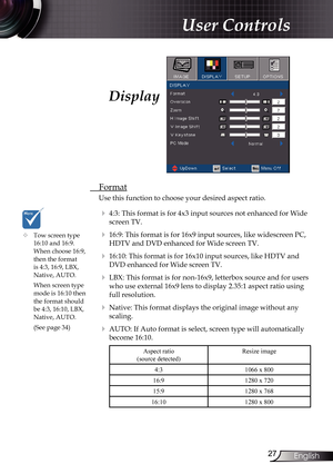 Page 27
27English

User Controls

Display
 Format
Use this function to choose your desired aspect ratio.
  4:3: This format is for 4x3 input sources not enhanced for Wide 
screen TV.
  16:9: This format is for 16x9 input sources, like widescreen PC, 
HDTV and DVD enhanced for Wide screen TV.
   16:10: This format is for 16x10 input sources, like HDTV and 
DVD enhanced for Wide screen TV.
  LBX: This format is for non-16x9, letterbox source and for users 
who use external 16x9 lens to display 2.35:1 aspect...