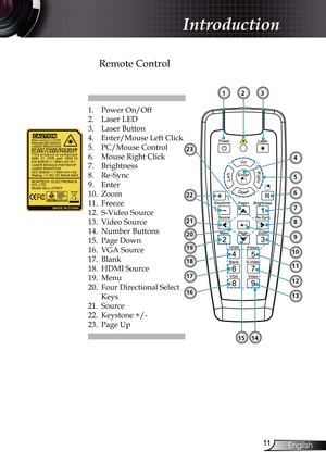 Page 11
English

Introduction

Remote Control
1. Power On/Off
2.  Laser LED
3.  Laser Button
4.  Enter/Mouse Left Click
5.  PC/Mouse Control
6.  Mouse Right Click
7.  Brightness
8.  Re-Sync
9.  Enter
10.   Zoom
11.  Freeze
12.  S-Video Source
13.  Video Source
14.  Number Buttons
15.  Page Down
16.  VGA Source
17.  Blank
18.  HDMI Source
19.  Menu
20.    Four Directional Select 
Keys
21.  Source
22.  Keystone +/-
23.  Page Up
5
6
8
11
12
18
21
123
19
22
15
7
23
920
17
16
10
13
14
4 