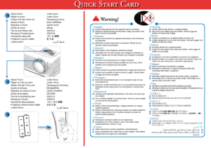 Page 2
Quick Start Card
Juster zoomJuster ZoomΠροσαρμογή ΖουμZoom beállításaUpravit zoomปรับซูม 調整變焦调整变焦［ズーム］調整줌 조절 
Adjust ZoomRégler le zoomPassen Sie den Zoom anAjuste el zoomRegolare lo ZoomAjuste do zoomPas de zoomfactor aanWyreguluj Powiększenie.Настройте масштабProjektorin zoomin säätöJustera zoom
Adjust FocusRégler la mise au pointStellen Sie den Fokus einAjuste el enfoqueRegolare la messa a fuocoAjuste da focagemPas de scherpstelling aanWyreguluj OstrośćНастройте фокусировкуProjektorin tarkennuksen...