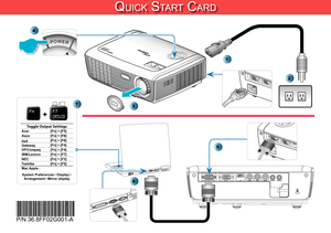 Page 1
E N H A NC E DW I D ES C R E E N

3
VGA-IN / SCART / YPbPrVGA-OUTHDMIS-VIDEOVIDEORS-232AUDIO-INAUDIO-OUT
QUICK START CARD
Toggle Output SettingsAcer [Fn] + [F5]Asus[Fn] + [F8]Dell[Fn] + [F8]Gateway[Fn] + [F4]HP/Compaq[Fn] + [F4]IBM/Lenovo[Fn] + [F7]NEC[Fn] + [F3]Toshiba[Fn] + [F5]Mac Apple :
System PreferencesDisplay ArrangementMirror display
F7CRT/LCDFn
7
+
6
*36.8FF02G001-A*P/N 36.8FF02G001-A
5
VGA-IN / SCART / YPbPrVGA-OUTHDMIS-VIDEOVIDEORS-232AUDIO-INAUDIO-OUT
E N H A N C E DW I D E S C RE E N
4...