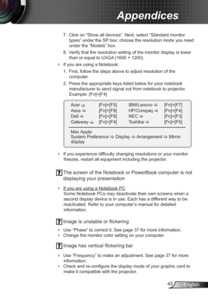 Page 4545English
Appendices
 7.  Click on “Show all devices”. Next, select “Standard monitor 
types” under the SP box; choose the resolution mode you need 
under the “Models” box. 
  8.  Verify that the resolution setting of the monitor display is lower 
than or equal to  UXGA (1600 × 1200). 
 If you are using a Notebook:
  1.  First, follow the steps above to adjust resolution of the   
computer.
  2.  Press the appropriate keys listed below for your notebook 
manufacturer to send signal out from notebook to...