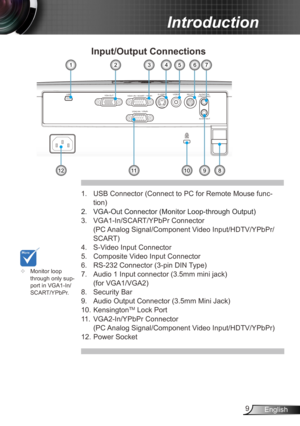 Page 99English
Introduction
AUDIO OUTAUDIO1-IN
(VGA1/VGA2)
RS-232
VIDEO
S-VIDEO
VGA-OUT
VGA1-IN / SCART / YPbPr
VGA2-IN / YPbPrUSB
Input/Output Connections
1. USB Connector (Connect to PC for Remote Mouse func -
tion)
2.  VGA-Out Connector (Monitor Loop-through Output)
3.  VGA1-In/SCART/YPbPr Connector  
(PC Analog Signal/Component Video Input/HDTV/YPbPr/
SCART) 
4.  S-Video Input Connector
5.  Composite Video Input Connector
6.  RS-232 Connector (3-pin DIN Type)
7.  Audio 1 Input connector (3.5mm mini jack)...