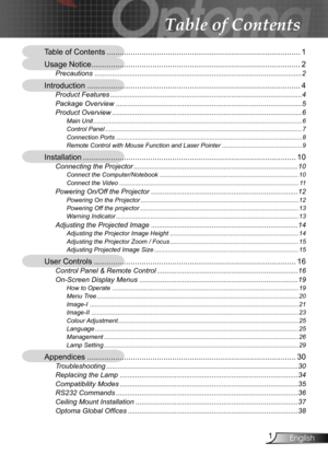 Page 1
1English
Table of Contents
Table of Contents .........................................................................................1
Usage Notice ................................................................................................2
Precautions ..........................................................................................................2
Introduction ..................................................................................................4
Product Features...
