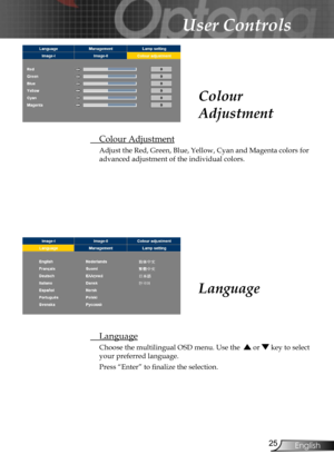 Page 25
25English

User Controls

 Colour Adjustment
Adjust the Red, Green, Blue, Yellow, Cyan and Magenta colors for 
advanced adjustment of the individual colors.
Colour 
Adjustment
Language
  Language
Choose the multilingual OSD menu. Use the   or  key to select 
your preferred language. 
Press “Enter” to ﬁnalize the selection.  