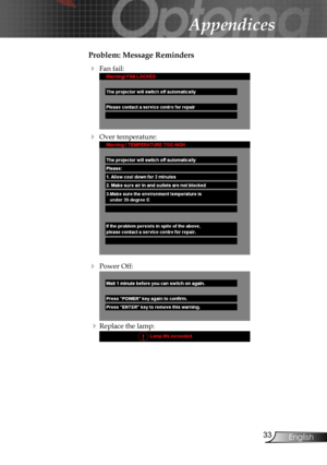 Page 33
33English

Appendices

Problem: Message Reminders
 Fan fail: 
 
 Over temperature:  
 
 Power Off:  
 
  Replace the lamp:  
 
    