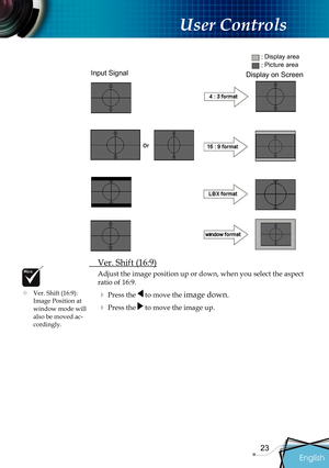 Page 25
English
23

 User Controls

 Ver. Shift (16:9)
Adjust the image position up or down, when you select the aspect 
ratio of 16:9.
 Press the  to move the image down.
 Press the  to move the image up.
Input Signal
Display area
Picture area
Display on ScreenDisplay on Screen
 Ver. Shift (16:9): Image Position at window mode will also be moved ac-cordingly.      