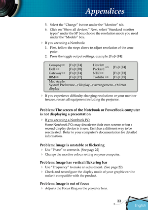 Page 35
English
33

Appendices

5.  Select the “Change” button under the “Monitor” tab.
6.  Click on “Show all devices.” Next, select “Standard monitor 
types” under the SP box; choose the resolution mode you need 
under the “Models” box. 
  If you are using a Notebook:1.  First, follow the steps above to adjust resolution of the com-
puter.
2.  Press the toggle output settings. example: [Fn]+[F4]
   
  If you experience difﬁ  culty changing resolutions or your monitor 
freezes, restart all equipment...