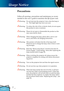 Page 4
2

English

Usage Notice

 Precautions
Follow all warnings, precautions and maintenance as recom-
mended in this user’s guide to maximize the life of your unit.
 Warning-    Do not look into the projector’s lens when the lamp is 
on.  The bright light may hurt your eyes.
 Warning-  To reduce the risk of ﬁ  re or electric shock, do not expose 
this product to rain or moisture.
 Warning-  Please do not open or disassemble the product as this 
may cause electric shock.
 Warning-  When changing the lamp,...