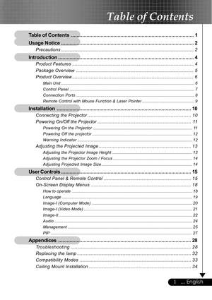 Page 11... English
Table of Contents
Table of Contents....................................................................................... 1
Usage Notice.............................................................................................. 2
Precautions......................................................................................................... 2
Introduction................................................................................................ 4
Product...