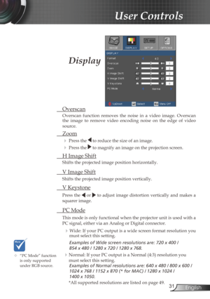 Page 31
3English

User Controls

 Overscan
Overscan  function  removes  the  noise  in  a  video  image.  Overscan the  image  to  remove  video  encoding  noise  on  the  edge  of  video 
source.
 Zoom
  Press the  to reduce the size of an image.
  Press the  to magnify an image on the projection screen.
  H Image Shift
Shifts the projected image position horizontally. 
 V Image Shift
Shifts the projected image position vertically. 
 V Keystone
Press the  or  to adjust image distortion vertically and...