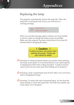 Page 47
47English

Appendices

Replacing the lamp
The projector automatically detects the lamp life. When the 
lamp life is nearing the end of use, you will receive a  
warning message.
 
When you see this message, please contact your local reseller 
or service center to change the lamp as soon as possible. 
Make sure the projector has been cooled down for at least 30 
minutes before changing the lamp. 
 Warning: Lamp compartment may be hot! Allow it to cool down 
before changing the lamp!
 Warning: To reduce...
