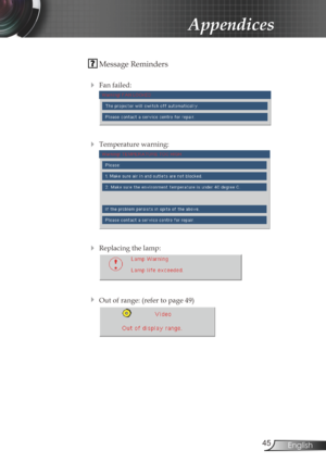 Page 45
45English

Appendices

 Message Reminders
 
 Fan failed:
 
 Temperature warning:
 
 Replacing the lamp:
 
 Out of range: (refer to page 49)
   