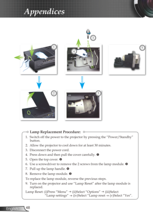 Page 48
48English

Appendices

Lamp Replacement Procedure:
1.  Switch off the power to the projector by pressing the “Power/Standby” button.
2.  Allow the projector to cool down for at least 30 minutes.
3.  Disconnect the power cord.
4.  Press down and then pull the cover carefully. 
5.  Open the top cover. 
6.  Use a screwdriver to remove the 2 screws from the lamp module. 
7.  Pull up the lamp handle. 
8.  Remove the lamp module. 
To replace the lamp module, reverse the previous steps.
9.  Turn on the...