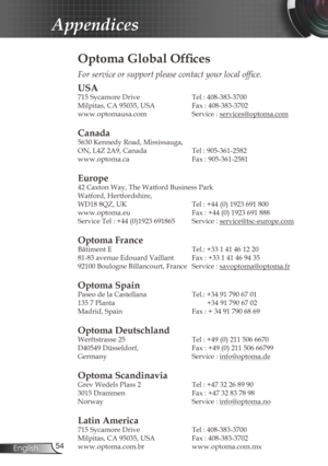 Page 54
54English

Appendices

Optoma Global Offices
For service or support please contact your local office.
USA
715 Sycamore Drive  Tel : 408-383-3700
Milpitas, CA 95035, USA   Fax : 408-383-3702 
www.optomausa.com  Service : 
services@optoma.com
Canada
5630 Kennedy Road, Mississauga, 
ON, L4Z 2A9, Canada  Tel : 905-361-2582
www.optoma.ca  Fax : 905-361-2581
 
Europe
42 Caxton Way, The Watford Business Park 
Watford, Hertfordshire,  
WD18 8QZ, UK Tel : +44 (0) 1923 691 800
www.optoma.eu   Fax : +44 (0) 1923...