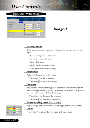 Page 20
20English ...

Image-I
  Display Mode
There are many factory presets optimized for various types of im-
ages.  
 PC : For computer or notebook.
 Movie : For home theater.
 Game : For game.
 sRGB : For PC standard color.
 User : Memorize user’s settings.
  Brightness
Adjust the brightness of the image.
 Press the  to darken image.
 Press the  to lighten the image.
 Contrast
The contrast controls the degree of difference between the lightest 
and darkest parts of the picture. Adjusting the contrast...