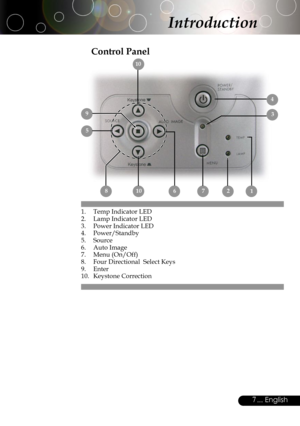 Page 7
7... English

Control Panel
1.  Temp Indicator LED2.  Lamp Indicator LED3.  Power Indicator LED4.  Power/Standby 5.  Source6.  Auto Image7.  Menu (On/Off)8.  Four Directional  Select Keys9.  Enter10.  Keystone Correction
5
2
3
10
4
Introduction
9
10 1 687 