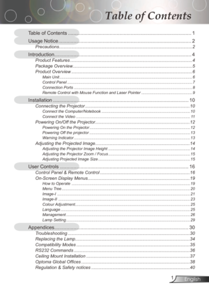 Page 1
English
Table of Contents
Table of Contents ........................................................................\
.................
Usage Notice  ........................................................................\
........................2
Precautions........................................................................\
...................................2
Introduction........................................................................\
...........................4
Product...