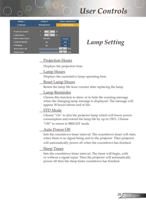 Page 29
2English

User Controls

Lamp Setting
ProjectionHours
Displaystheprojectiontime.
LampHours
Displaysthecumulativelampoperatingtime.
ResetLampHours
Resetsthelamplifehourcounterafterreplacingthelamp.
 LampReminder
Choosethisfunctiontoshowortohidethewarningmessage...