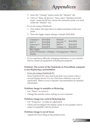 Page 31
3English

Appendices

5.	 Select	the	“Change”	button	under	the	“Monitor”	tab.
6.	 Click	on	“Show	all	devices.”	Next,	select	“Standard	monitor	types”	under	the	SP	box;	choose	the	resolution	mode	you	need	
under	the	“Models”	box.	
IfyouareusingaNotebook:
1.	 First,	follow	the	steps	above	to	adjust	resolution	of	the	com
-
puter.
2.	 Press	the	toggle	output	settings.	example:	[Fn]+[F4]
 
	 If	you	experience	difficulty	changing	resolutions	or	your	monitor	 freezes,...