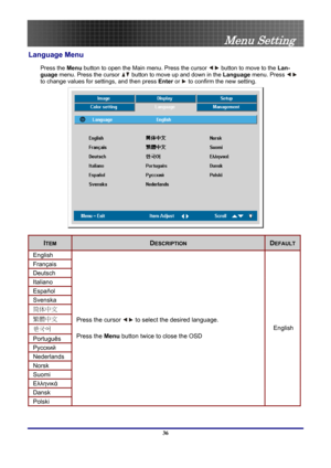 Page 36
 
Menu Setting 
Language Menu  
Press the Menu button to open the Main menu. Press the cursor  button to move to the  Lan-
guage  menu. Press the cursor 
 button to move up and down in the  Language menu. Press  
to change values for settings, and then press  Enter or 
 to confirm the new setting. 
 
ITEM DESCRIPTION DEFAULT
English 
Français 
Deutsch 
Italiano 
Español 
Svenska 
简体中文 
繁體中文 
한국어 
Português 
Русский
 
Nederlands 
Norsk 
Suomi 
Ελληνικά 
Dansk 
Polski 
Press the cursor  to select the...