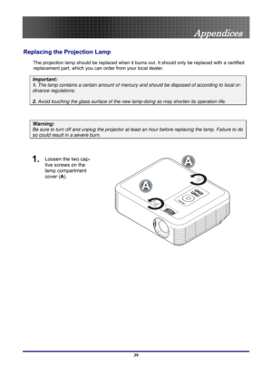 Page 39
 
Appendices 
Appendices 
Replacing the Projection Lamp 
The projection lamp should be repl aced when it burns out. It should onl y be replaced with a certified 
replacement part, which you can order from your local dealer.  
Important: 
1.  The lamp contains a certain  amount of mercury and should be dis posed of according to local or-
dinance regulations. 
2. Avoid touching the glass surf ace of the new lamp-doing so  may shorten its operation life. 
 
Warning: 
Be sure to turn off and unplug the...