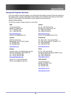 Page 48
 
Appendices 
48 
Having the Projector Serviced 
If you are unable to solve the problem, you should hav e the projector serviced. Pack the projector in 
the original carton. Include a description of the pr oblem and a checklist of the steps you took when 
trying to fix the problem--the information may be useful to service personnel.  
Optoma Global Offices 
For service or support, please  contact your local office. 
USA 
715 Sycamore Drive  
Milpitas, CA 95035, USA  
Tel: +1-408-383-3700 
Fax:...