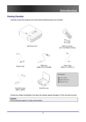 Page 6
 
Introduction 
6 
Introduction 
Packing Checklist 
Carefully unpack the projector and check  that the following items are included: 
 
 
 
 DLP PROJECTOR REMOTE CONTROL  
(
WITH TWO AAA BATTERIES) 
 
   
P
OWER CORD  USB CABLE 
(USB
 TYPE A TO B USB)  V
IDEO CABLE  
(RCA
 X 1TO  RCA X 1) 
 
 
 
COMPUTER CABLE  
(DB15
 - DB15)  C
ARRYING CASE 
 
 
Contact your dealer immediately if any items are mi ssing, appear damaged, or if the unit does not work. 
Caution: 
Avoid using the projector in dusty...