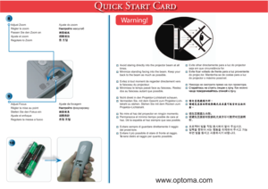 Page 4AdjustFocusRéglerlamiseaupointStellenSiedenFokuseinAjAusteelenfofqueRegolarelamessaafuoco
zoom
AjAustedafofcagem
8
AvAAoidstaringdirectlyintotheprojoectorbeamatalltimes.Minimizestandingfacingintothebeam.Keepyourbacktothebeamasmuchaspossible.
Evitezàtoutmomentderegarderdirectementverslefaisceauduprojoecteur.Minimisezletempspasséfaceaufaisceau.Restezdosaufaisceauautantquepossible....