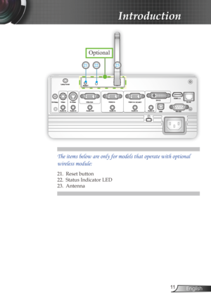 Page 11English
Introduction
1.  12V-Relay Connector
2.  Composite Video Input Connector
3.  Audio Input Connector (for Composite Video Connector)
4.  Lamp Cover screw (for open the top cover)
5.  S-Video Input Connector
6.  Audio Input Connector (for S-Video Connector)
7.  VGA-Out Connector (Monitor Loop-through Output)
8.  Audio-Out Connector
9.  VGA2-In Connector 
(PC Analog Signal/Component Video Input/HDTV) 
10.  Audio Input Connector (for VGA2-In Connector)
11.  VGA1-In/SCART Connector  (PC...