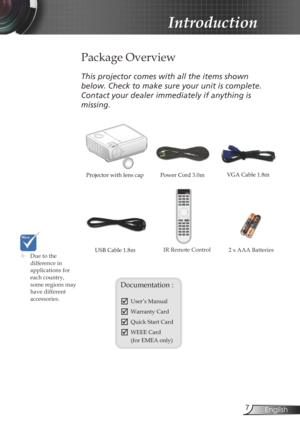 Page 77English
Introduction
Power Cord 3.0m
IR Remote Control
 
Package Overview
This	projector	comes	with	all	the	items	shown	
below.	Check	to	make	sure	your	unit	is	complete.	
Contact	your	dealer	immediately	if	anything	is	
missing.
Documentation : 
	User’s Manual
	Warranty Card
	Quick Start Card
	WEEE Card 
  (for EMEA only)
	
Due to the 
difference in 
applications for 
each country, 
some regions may 
have different 
accessories.
2 x AAA Batteries
Projector with lens cap 
VGA Cable 1.8m
USB Cable 1.8m  