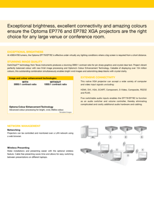 Page 2Exceptional brightness, excellent connectivity and amazing colours 
ensure the Optoma EP776 and EP782 XGA projectors are the right 
choice for any large venue or conference room.  
ExCEPTiONaL BRiGHTNESS
At 4300/4700 lumens, the Optoma EP776/EP782 is effective under virtually any lighting conditions where a big screen is required from a short distance.
STUNNiNG iMaGE QUaLiTY
DarkChip3™ technology from Texas Instruments produces a stunning 3000:1 contrast ratio for pin sharp graphics and crystal clear...