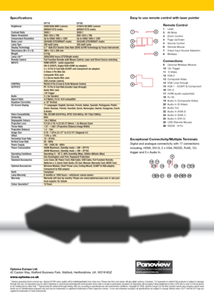 Page 4Specifications
 EP776  EP782
Brightness  4300/3500 ANSI Lumens   4700/4100 ANSI Lumens 
(BRIGHT/STD mode)  (BRIGHT/STD mode)
Contrast Ratio  3000:1  3000:1
Native Resolution  XGA 1024 x 768  XGA 1024 x 768
Compressed Resolution  Up to UXGA 1600 x 1200  Up to UXGA 1600 x 1200
Noise Level  28/30dB (STD/BRIGHT mode)  30/32dB (STD/BRIGHT mode)
Lamp Type  280 watt Lamp  330 watt Lamp
Display Technology  0.7” XGA DC3 Double Data Rate (DDR) DLP® Technology by Texas Instruments
Dimensions (W x H x D)  398 x 132...