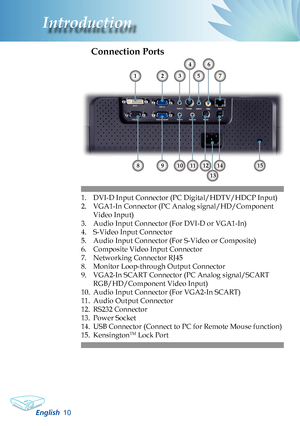 Page 12
English0
Introduction

Connection Ports
1. DVI-D Input Connector (PC Digital/HDTV/HDCP Input)
2.  VGA1-In Connector (PC Analog signal/HD/Component 
Video Input)
3.  Audio Input Connector (For DVI-D or VGA1-In)
4.  S-Video Input Connector
5.  Audio Input Connector (For S-Video or Composite)
6.  Composite Video Input Connector
7.  Networking Connector RJ45
8.  Monitor Loop-through Output Connector
9.  VGA2-In SCART Connector (PC Analog signal/SCART 
RGB/HD/Component Video Input)
10.  Audio Input...